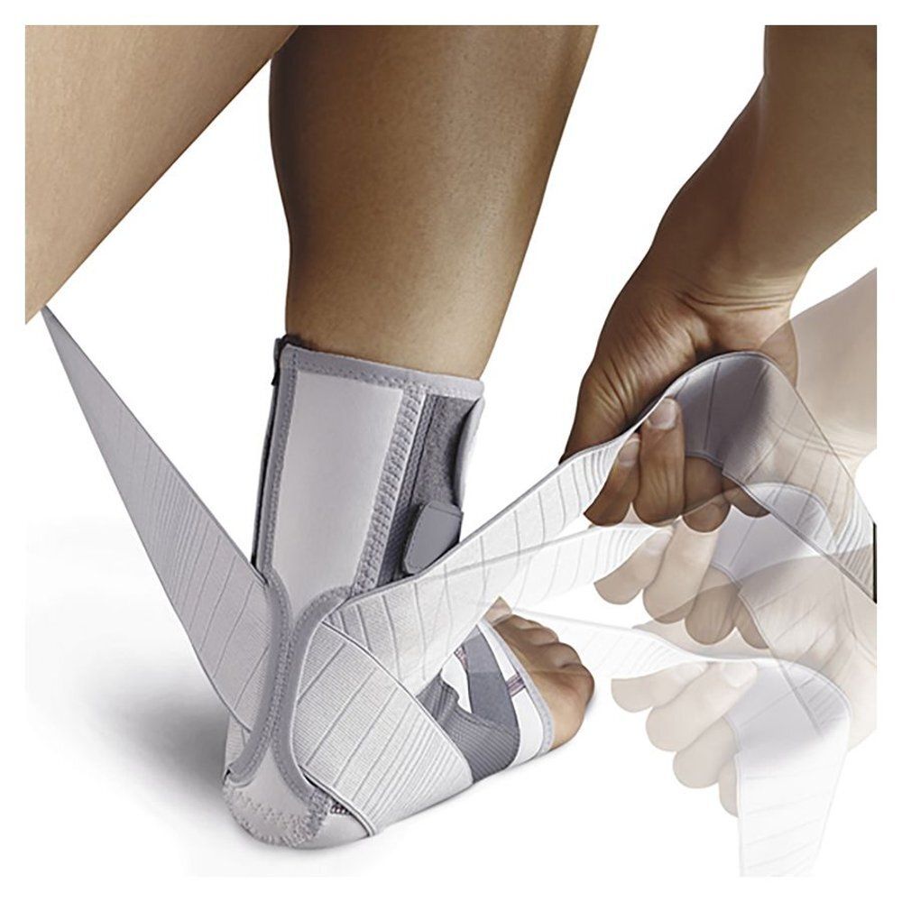 Emballage de l'attelle de cheville. Marque Push. Nom du produit : med Ankle Brace. Pour la jambe gauche.