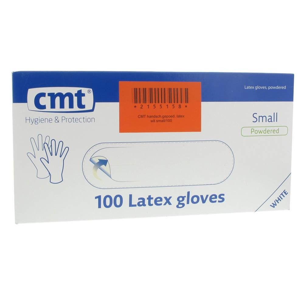 Boîte de 100 gants en latex blancs, taille Small, de CMT. Étiquette code-barres visible.