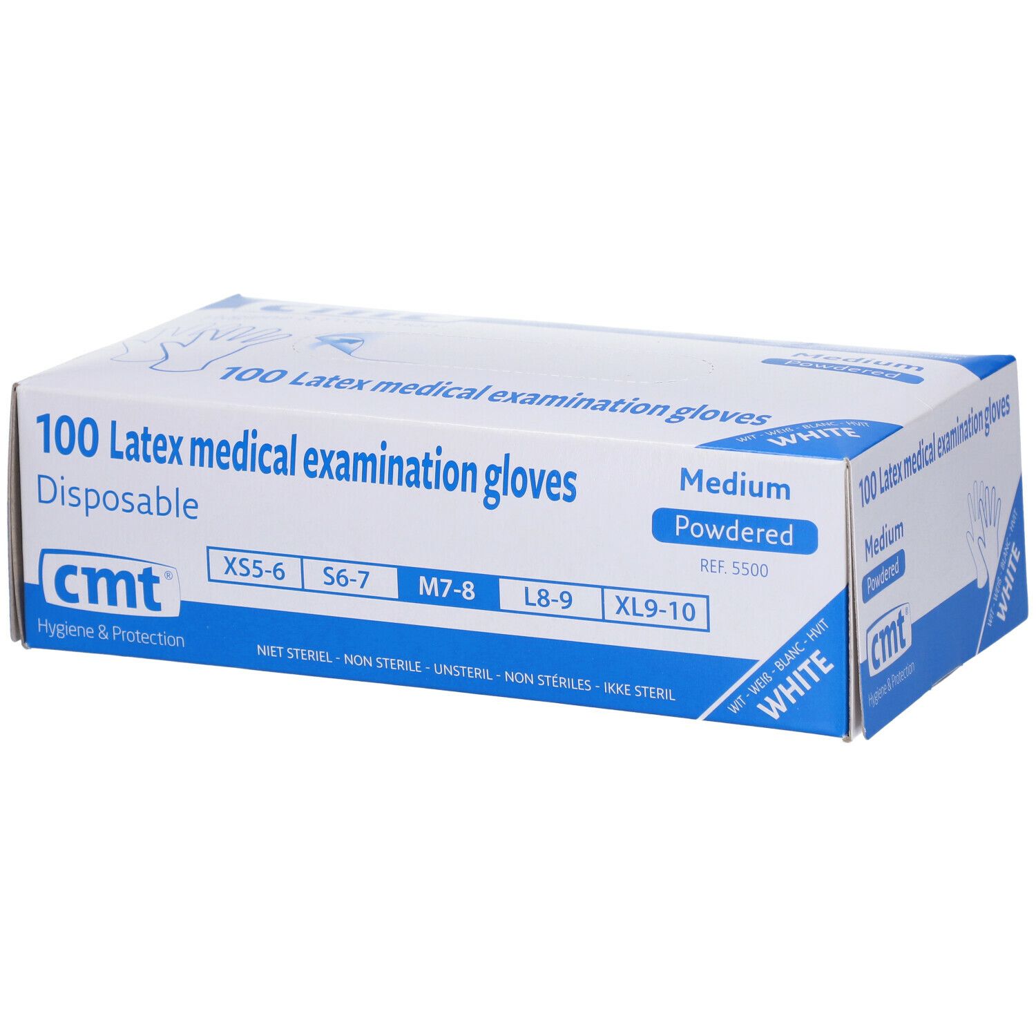 Boîte de gants d'examen en latex blancs. Marque : CMT. Taille Medium, poudrés.
