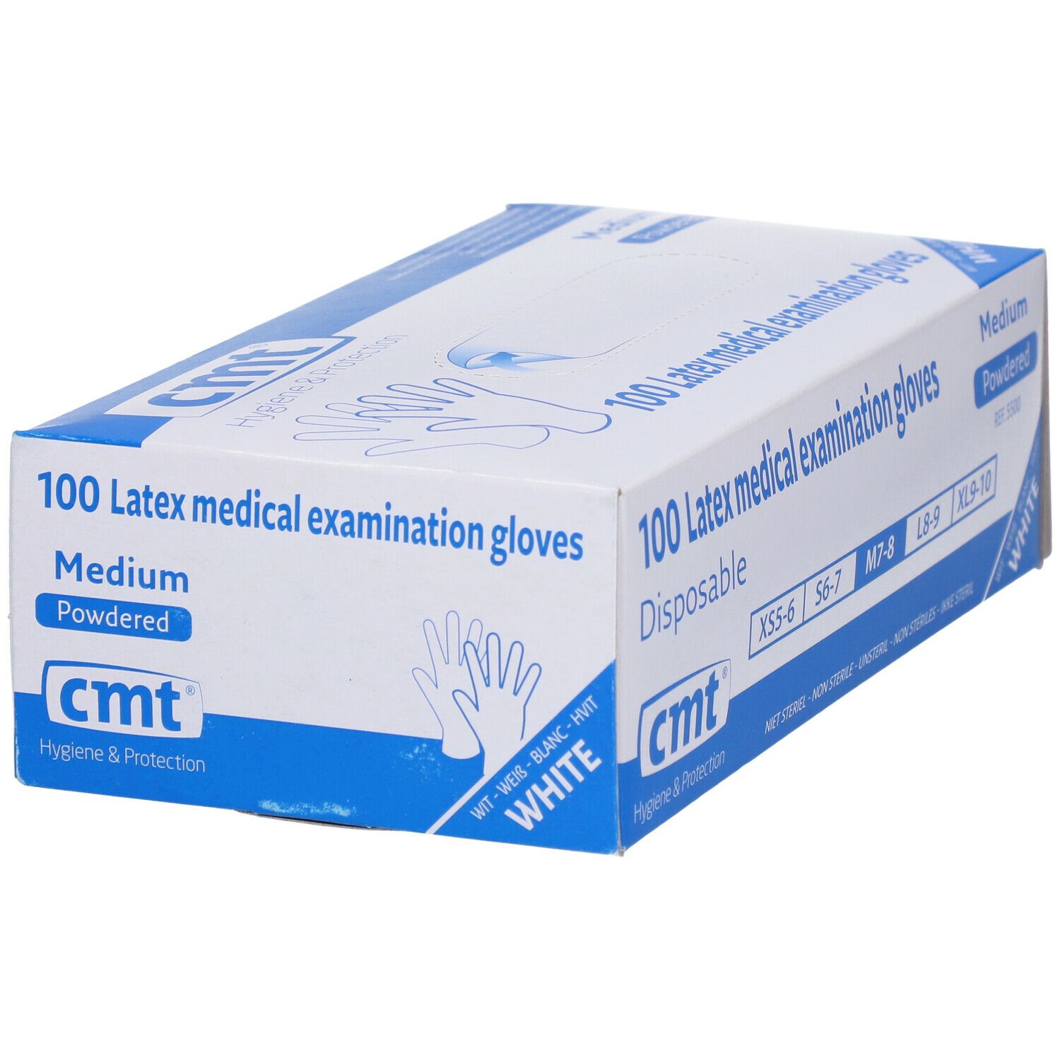 Boîte de gants d'examen en latex blancs. Marque : CMT. Taille Medium, poudrés.
