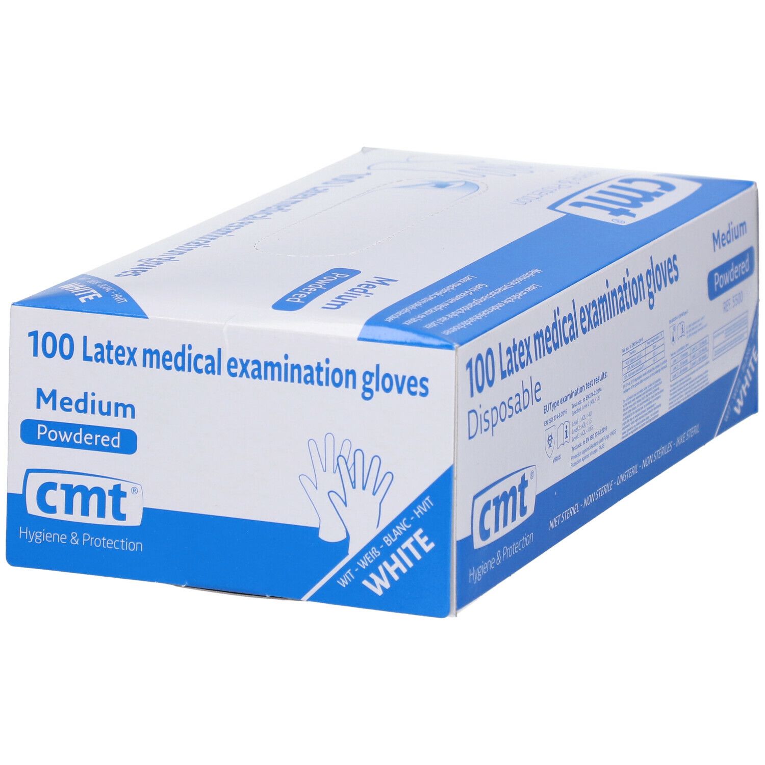 Boîte de gants d'examen en latex blancs. Marque : CMT. Taille Medium, poudrés.