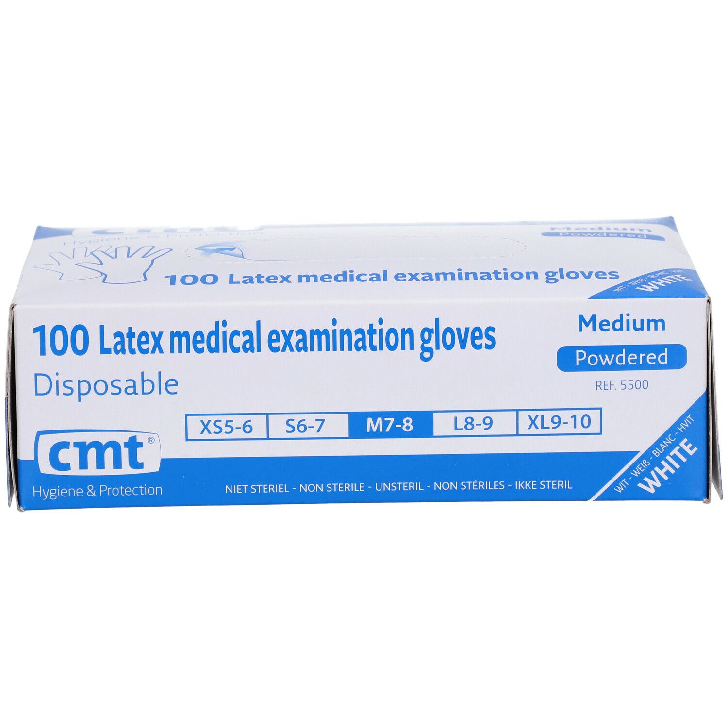 Boîte de gants d'examen en latex blancs. Marque : CMT. Taille Medium, poudrés.