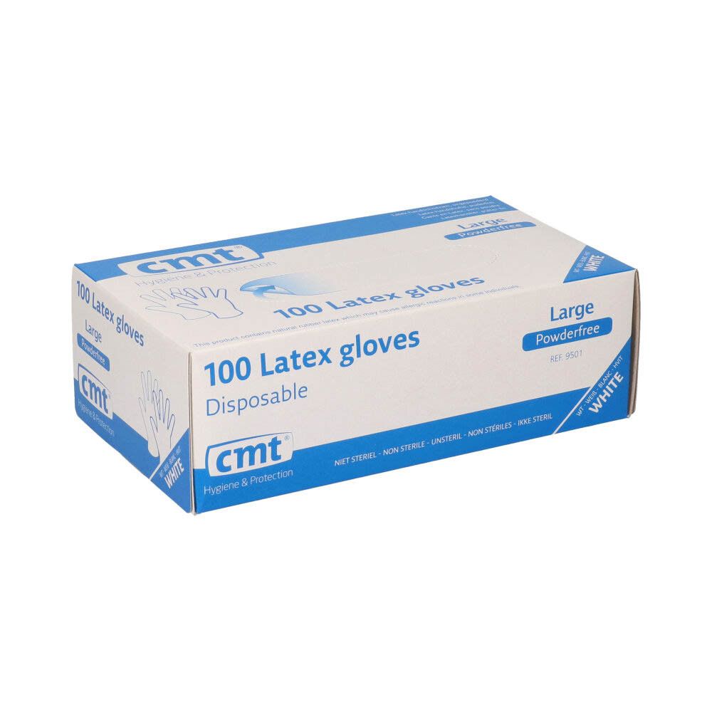 Boîte blanche de 100 gants en latex, sans poudre, Large. Marque : cmt.