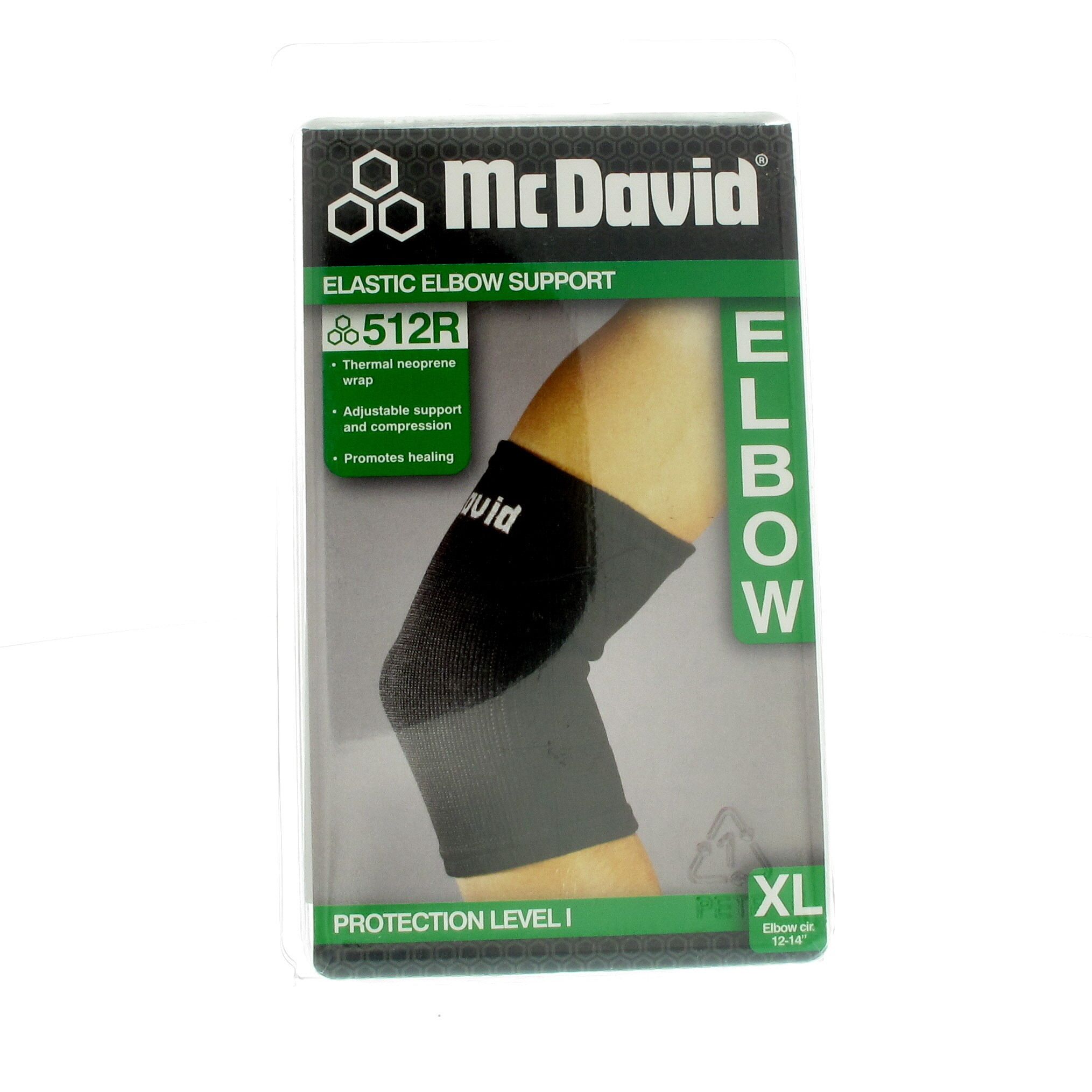 Support de coude McDavid, noir, taille XL, dans son emballage. Caractéristiques: chaleur, soutien, compression. Protection niveau I.