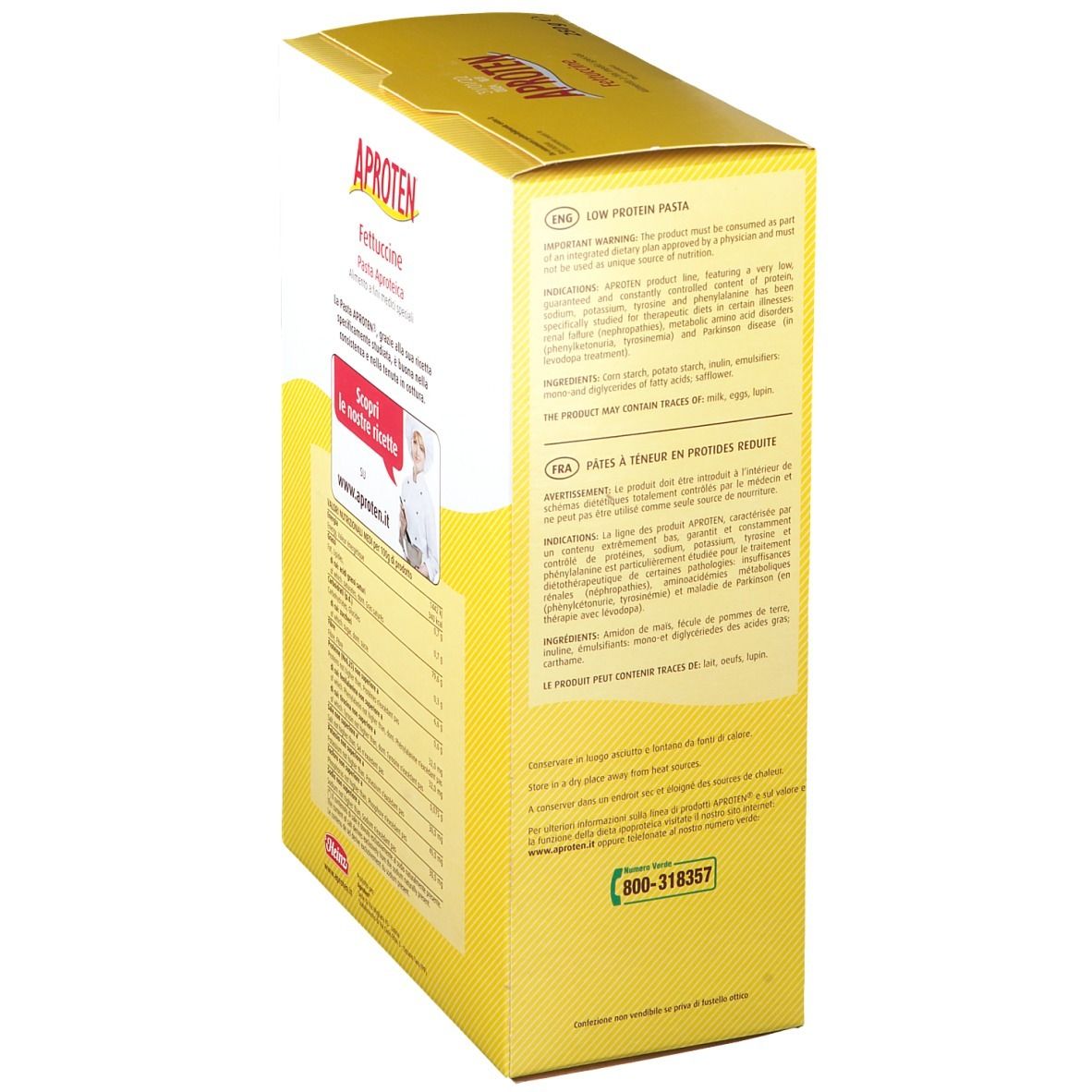 Boîte en carton jaune APROTEN Fettuccine. Texte : 'Sans protéines'. Informations produit et valeurs nutritionnelles.