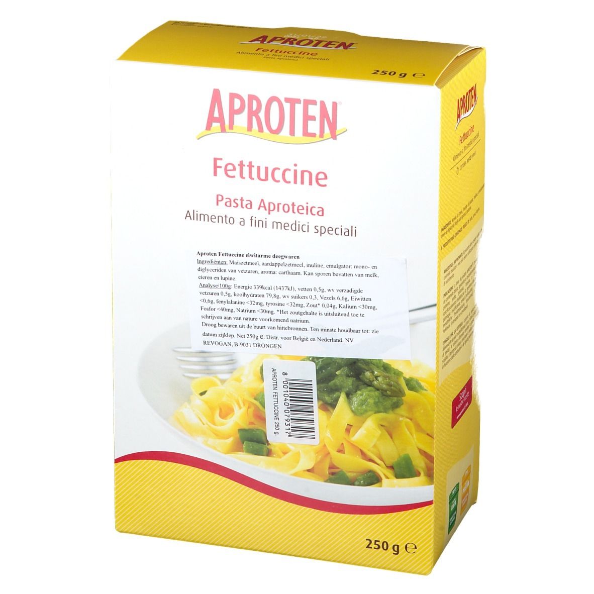 Boîte en carton jaune APROTEN Fettuccine. Nom du produit, informations nutritionnelles et image de pâtes. 250g.