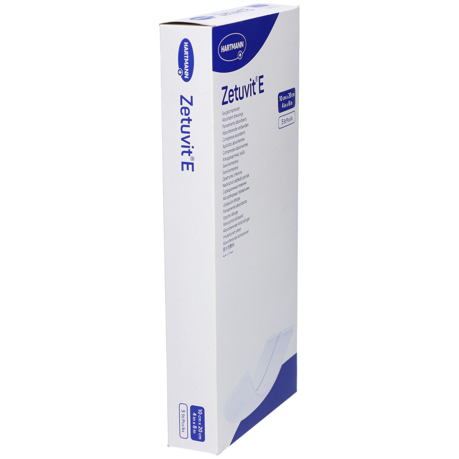 Emballage Hartmann Zetuvit E. Inscription : 10 cm x 20 cm, 5 pièces/paquet. Nom du produit et marque visibles.