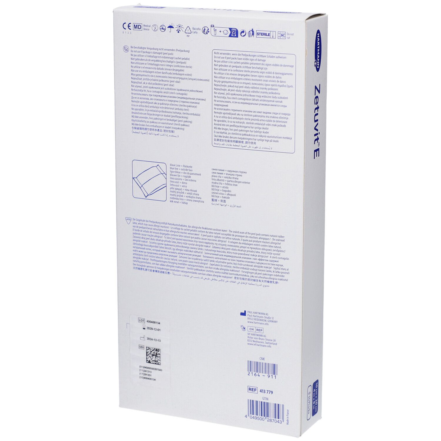 Dos de l'emballage Hartmann Zetuvit E. Texte et symboles. Nom du produit et marque visibles.