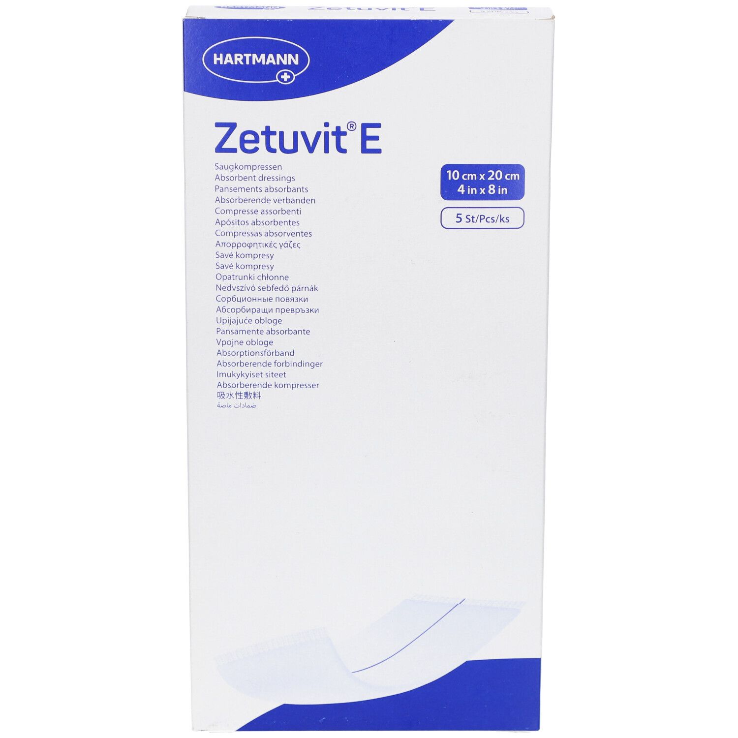 Emballage Hartmann Zetuvit E. Inscription : 10 cm x 20 cm, 5 pièces/paquet. Nom du produit et marque visibles.
