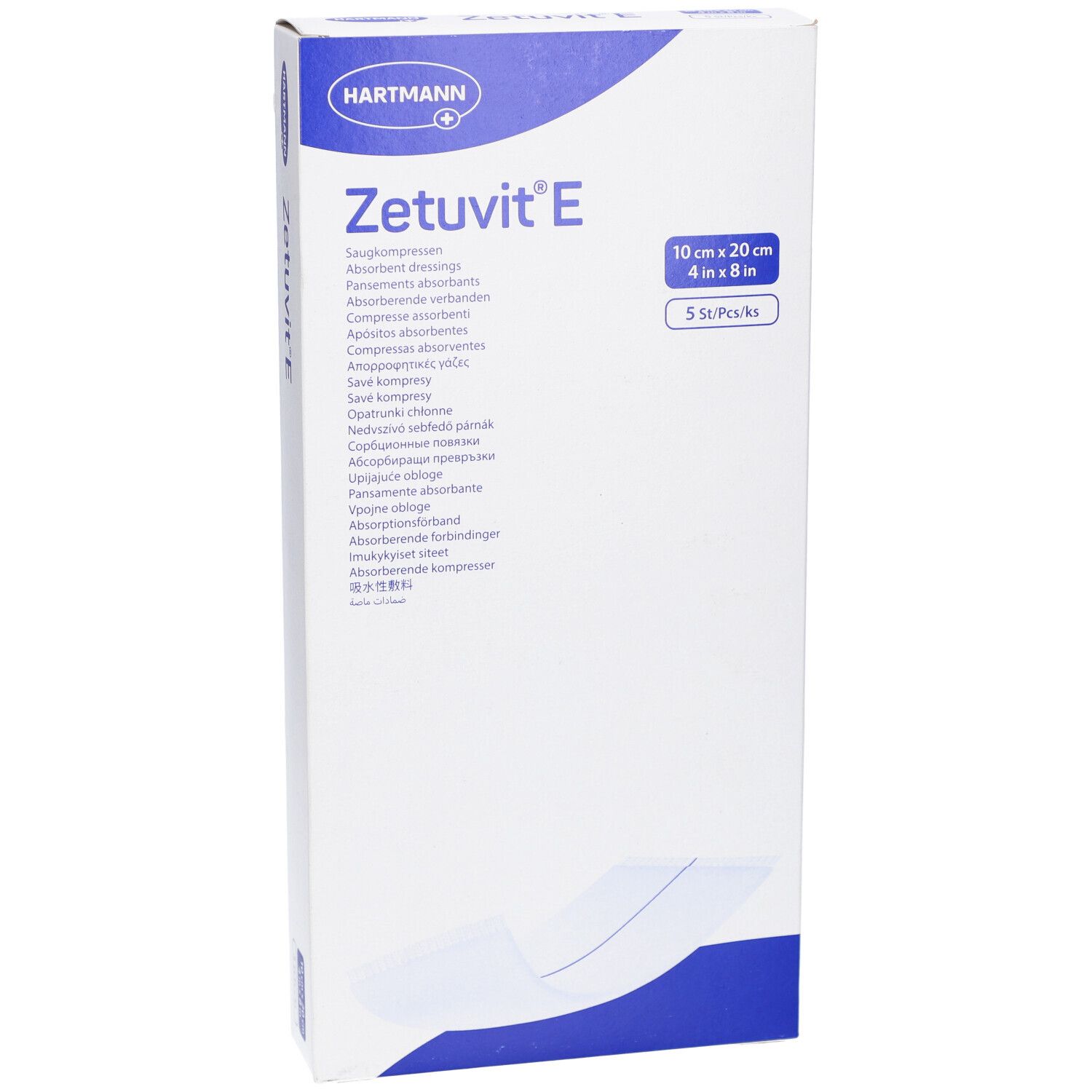 Emballage Hartmann Zetuvit E. Inscription : 10 cm x 20 cm, 5 pièces/paquet. Nom du produit et marque visibles.
