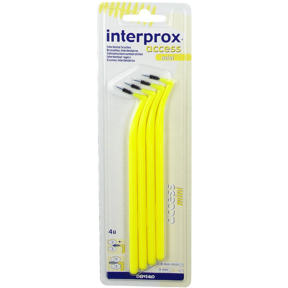 Brosses interdentaires jaunes en blister. Quatre unités, courbées, avec soies noires. Inscription "access mini".
