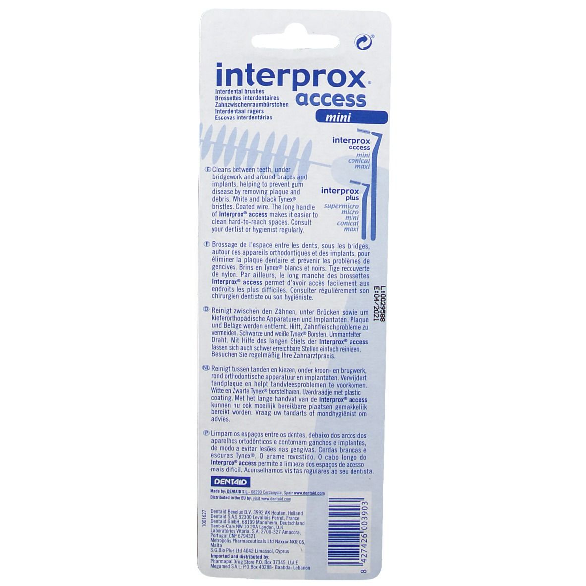 Dos de l'emballage blister avec informations produit. Texte multilingue. Logo "interprox access mini".