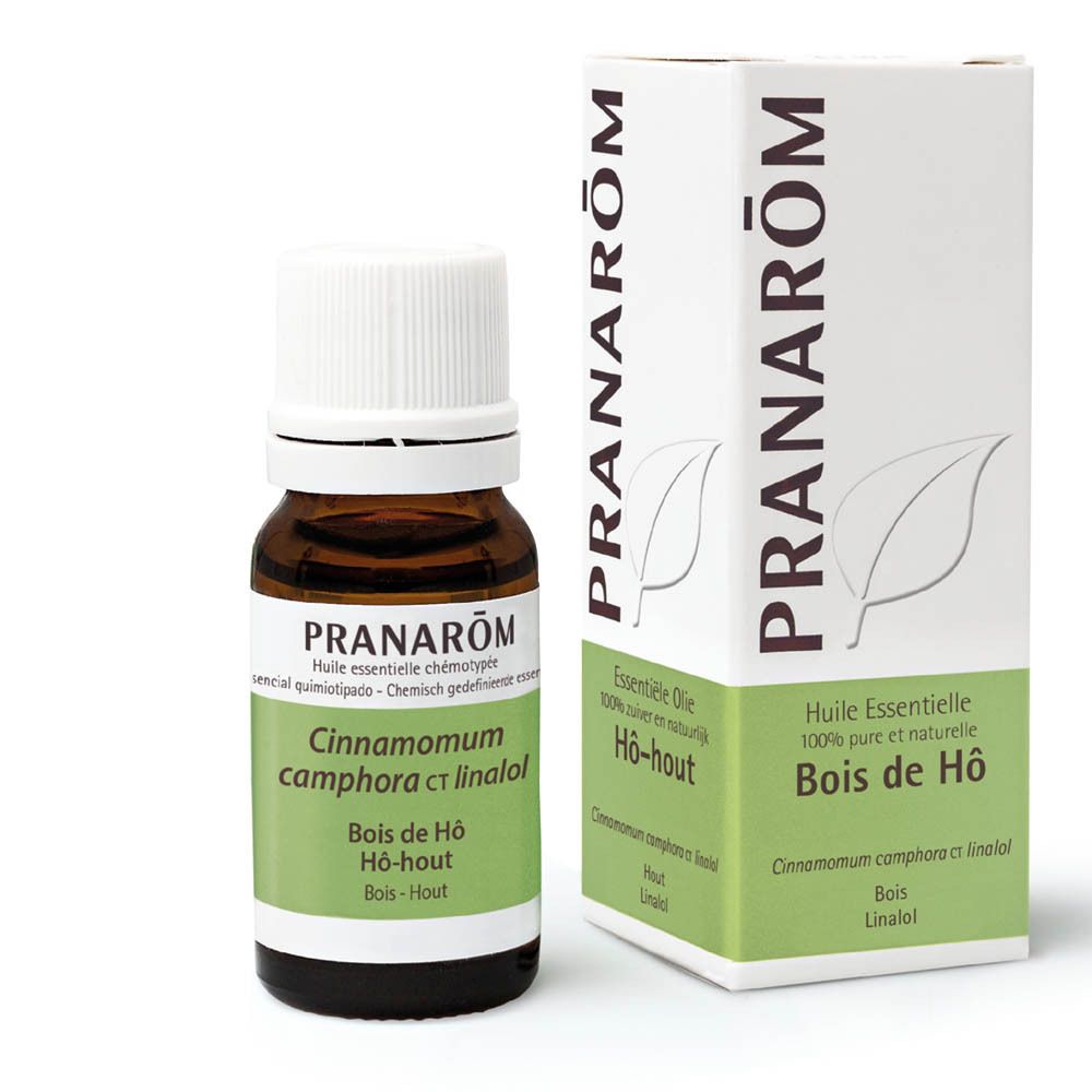 Flacon en verre brun et boîte. Logo PRANAROM et nom du produit. Flacon avec bouchon blanc.