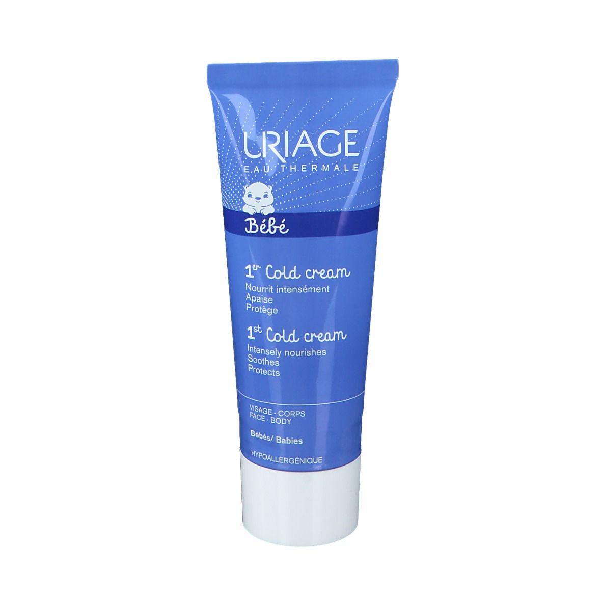 Tube bleu avec bouchon blanc. Logo URIAGE et indication '1st Cold cream' en français et anglais. Pour visage et corps.