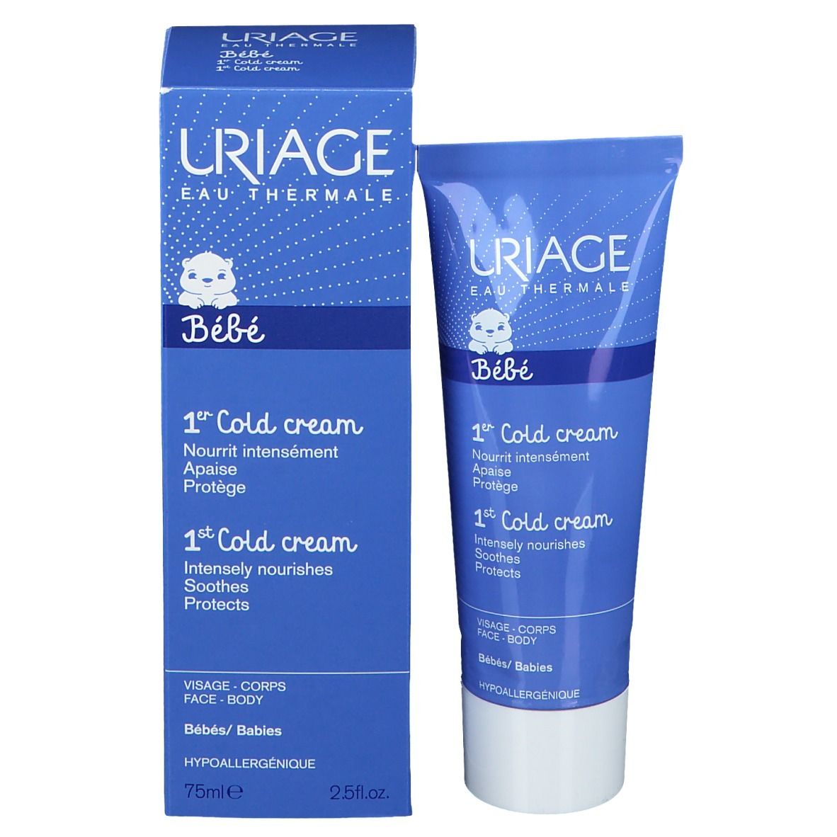 Emballage du produit avec tube et boîte. Les deux affichent le logo URIAGE et '1st Cold cream'. Pour bébés.