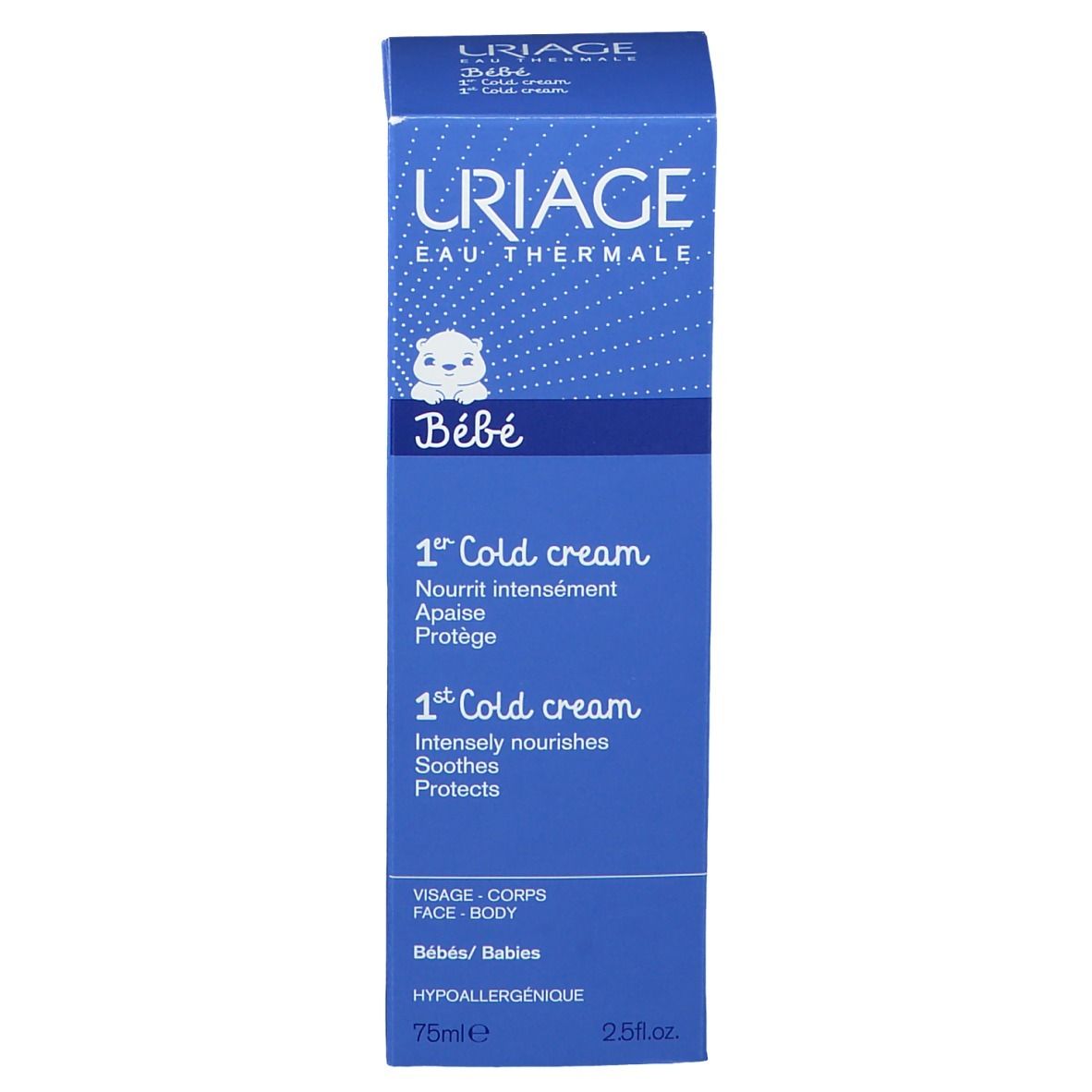 Emballage bleu avec logo URIAGE et '1st Cold cream'. Texte en français et anglais. Pour bébés.