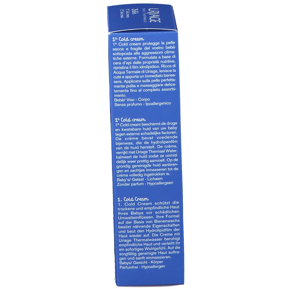 Côté de l'emballage. Texte multilingue, dont '1st Cold cream'. Informations sur l'utilisation et les ingrédients.