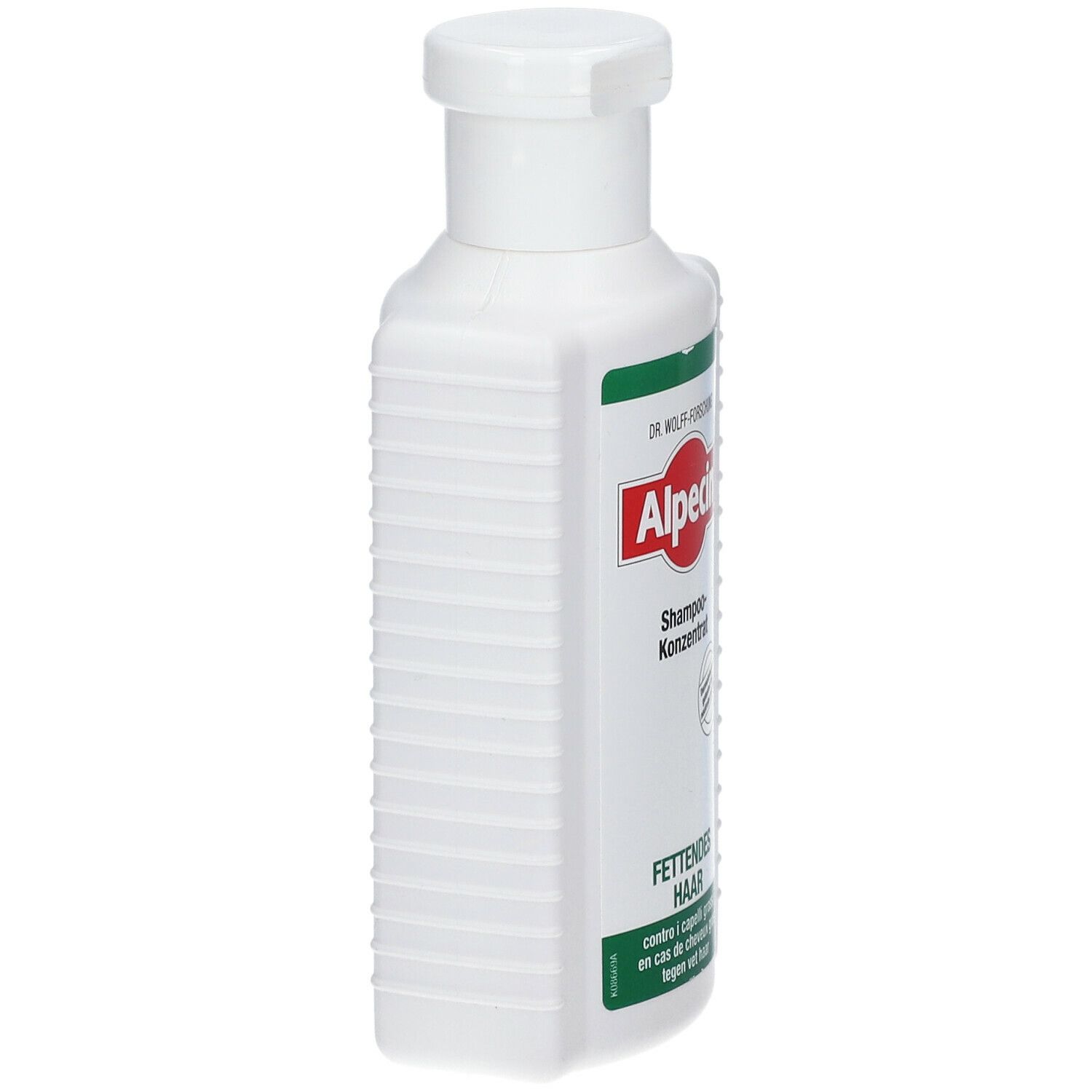 Flacon blanc, vue latérale. Étiquette verte et rouge avec inscription : Alpecin Shampooing concentré.