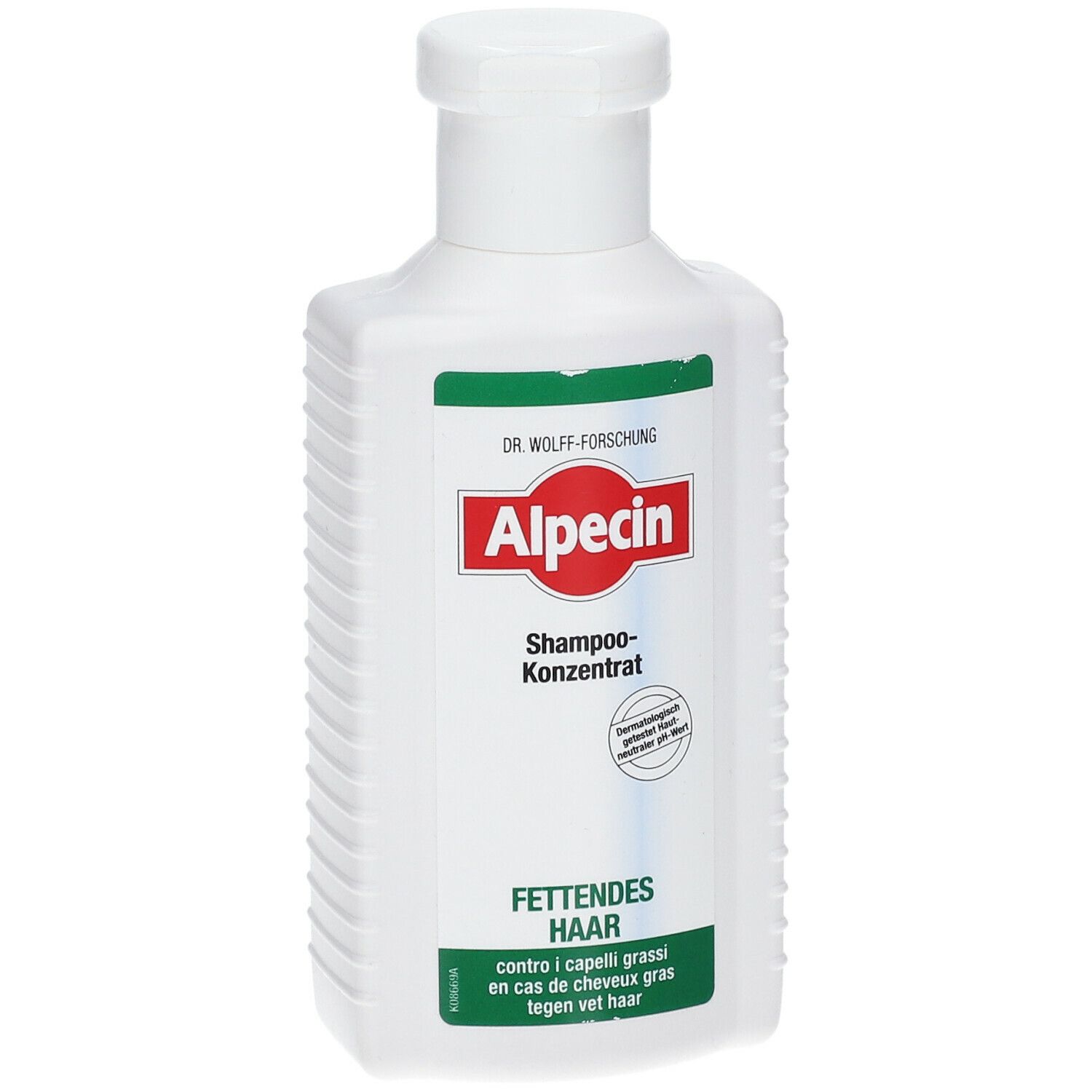 Flacon blanc avec étiquette verte et rouge. Inscription : Alpecin Shampooing concentré pour cheveux gras.