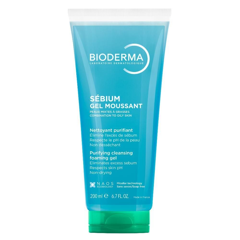 Tube bleu avec bouchon vert. Inscription : BIODERMA, Sébium Gel moussant. Texte en français et anglais. 200 ml.