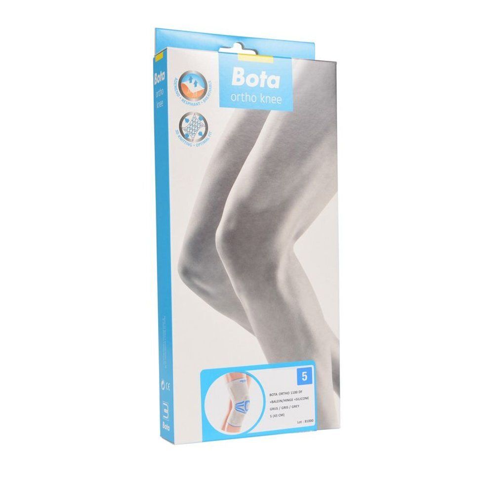 Vue latérale de la boîte Bota Ortho Knee. Texte : Bota, Ortho Knee. Illustrations et informations produit. Taille 5.