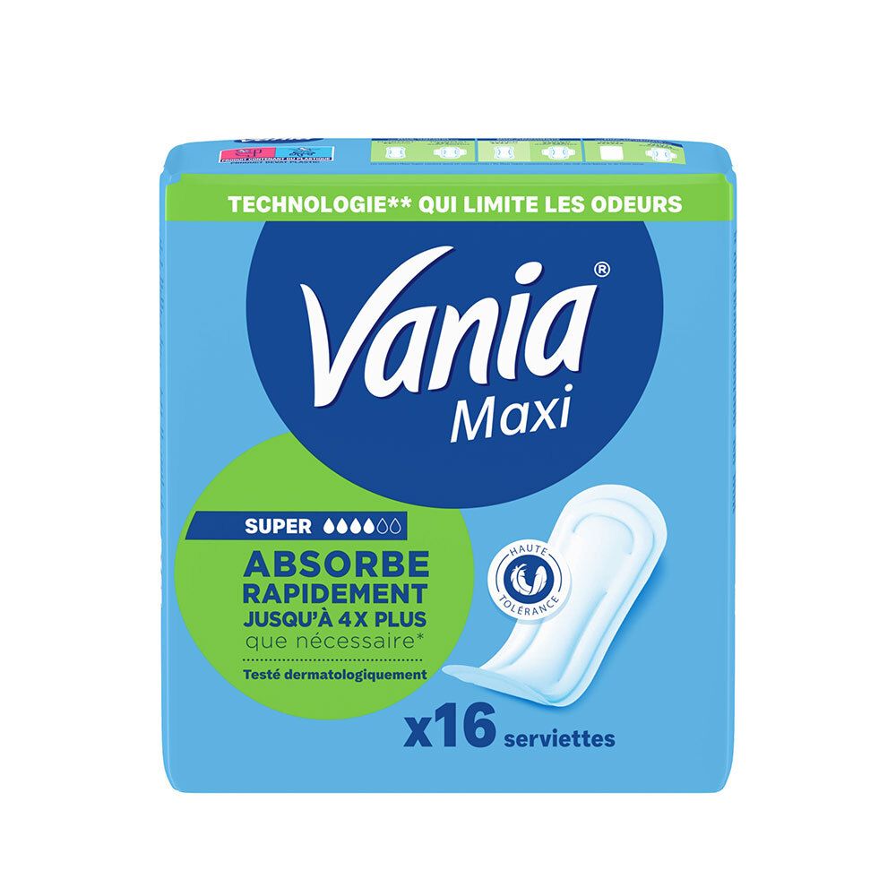 Serviettes Vania Maxi Komfort Super, 16 pièces. Technologie absorbante pour une protection rapide.