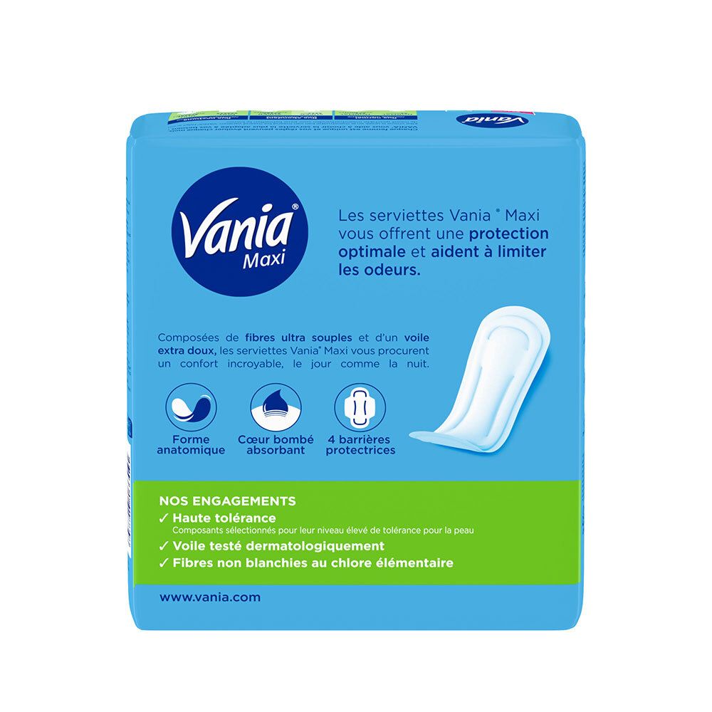 Serviettes Vania Maxi Komfort Super, 16 pièces. Forme anatomique pour un confort optimal.