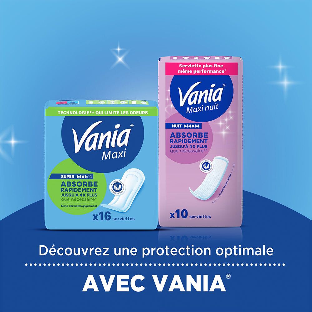 Serviettes Vania Maxi Komfort Super, 16 pièces. Absorbant, neutralise les odeurs, forme anatomique.