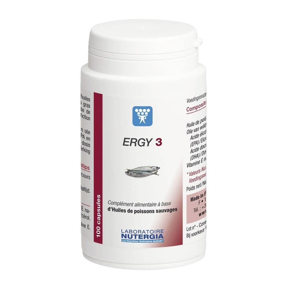 Flacon blanc "Ergy 3". Illustration de poisson. Bande rouge avec texte. 100 capsules.