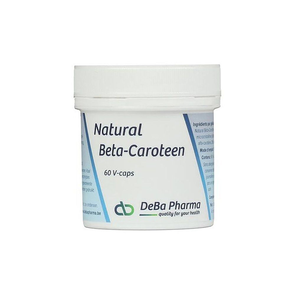 Pot blanc avec inscription 'Natural Beta-Caroteen' et 'DeBa Pharma', 120 V-capsules.