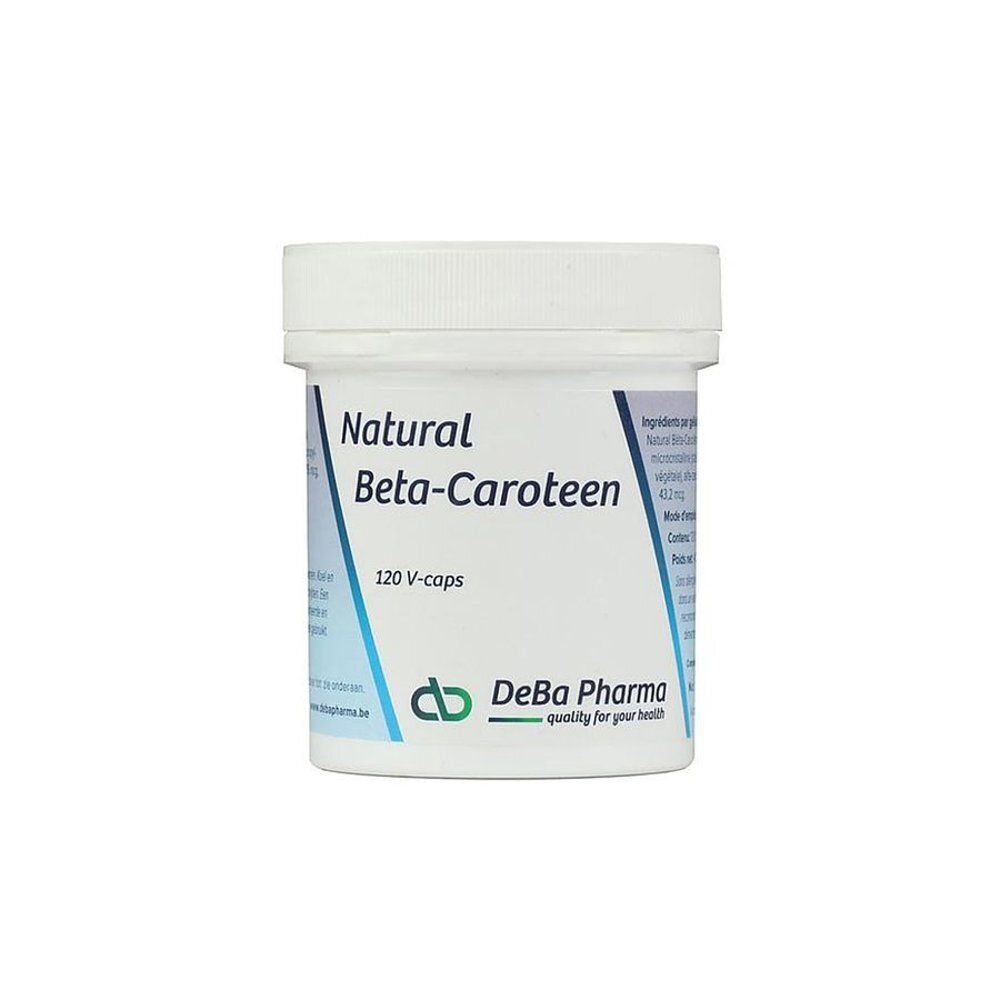 Arrière d'un pot blanc avec 'Natural Beta-Caroteen' et ingrédients, 120 V-capsules.