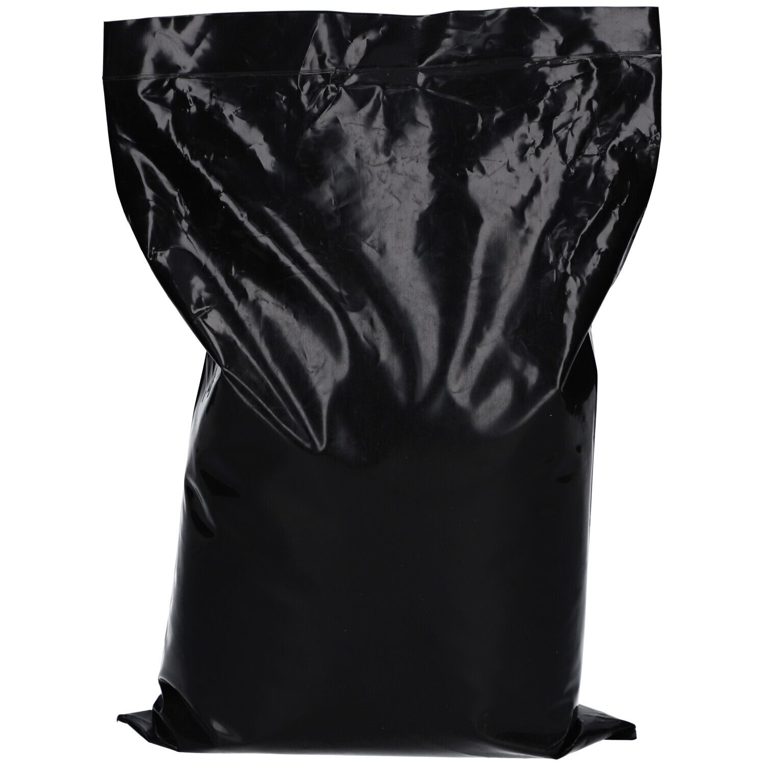 Sac noir vide. Le sac est fait d'un matériau brillant et légèrement froissé.