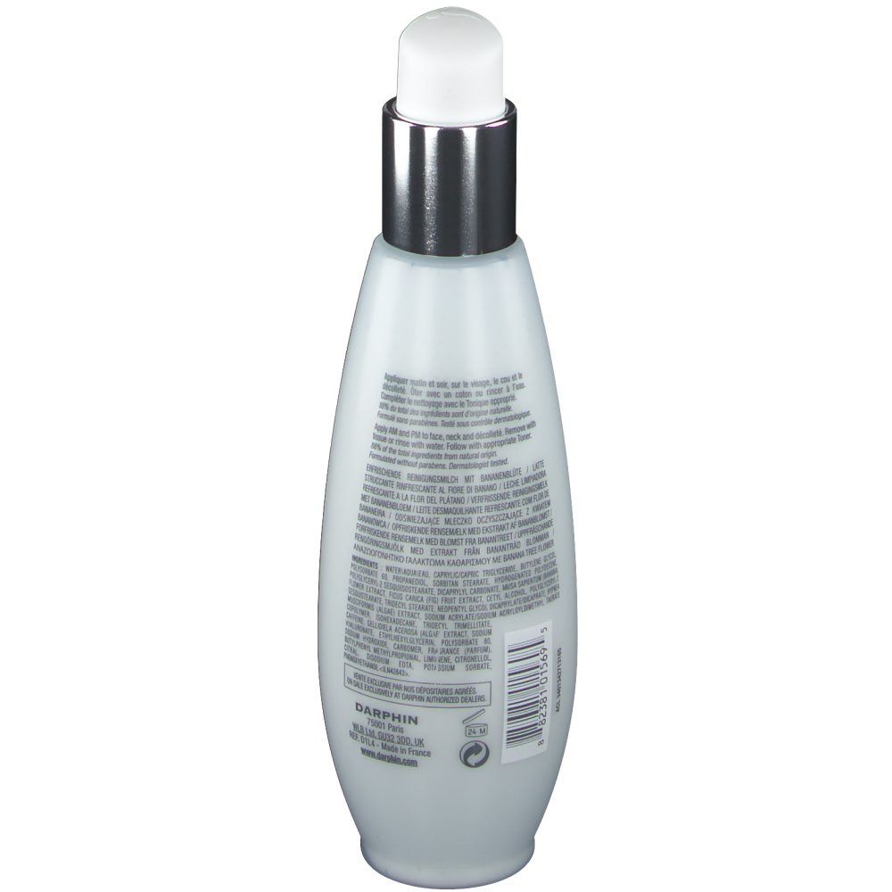 Flacon blanc avec pompe argentée. Dos avec texte et code-barres.