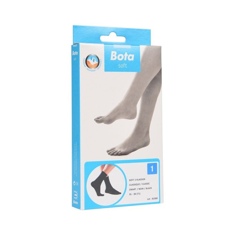 Boîte de chaussettes Bota soft. Inscription : Classique, Noir, Taille 1. Pieds illustrés sur l'emballage.