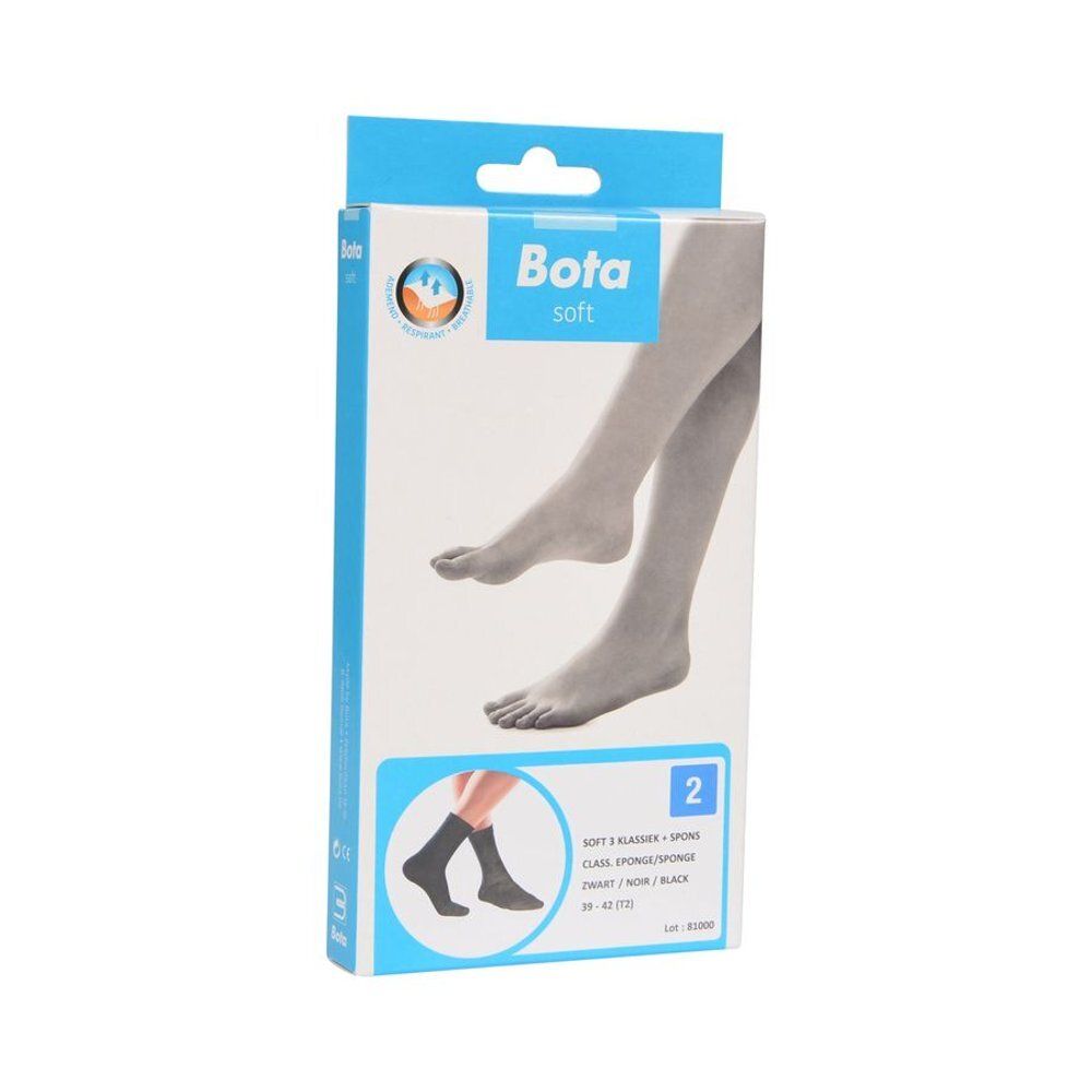 Boîte de chaussettes Bota Soft. Inscription: Soft 3 Klassik + Éponge, Noir, taille 39-42. Illustration de pieds.
