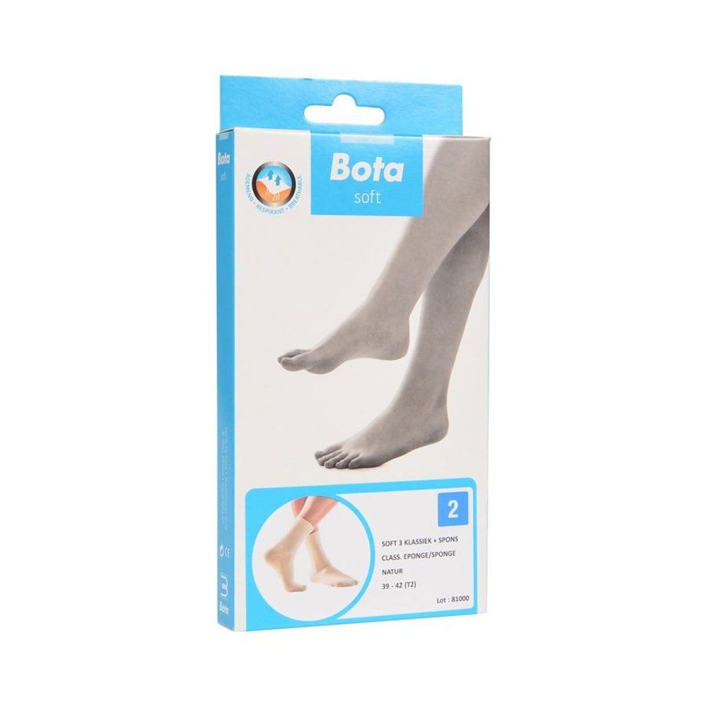 Emballage de chaussettes Bota soft. Inscription : Bota soft, 3 Klassik + Sponge, Natur, taille 39-42. Illustration : pieds dans des chaussettes.