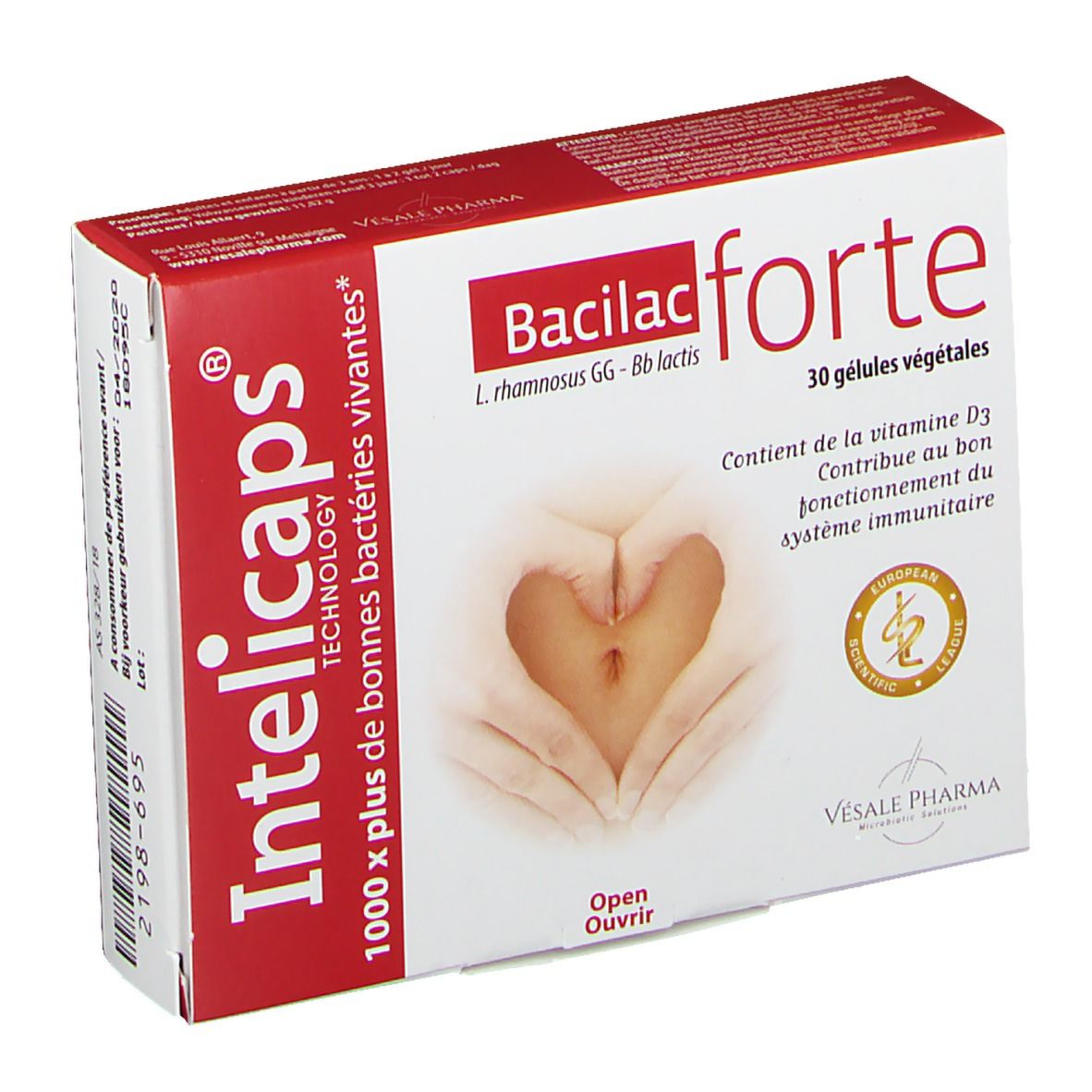 Boîte Intelicaps Bacilac forte. Boîte rouge et blanche avec nom et logo du produit. Contient 30 gélules végétales.