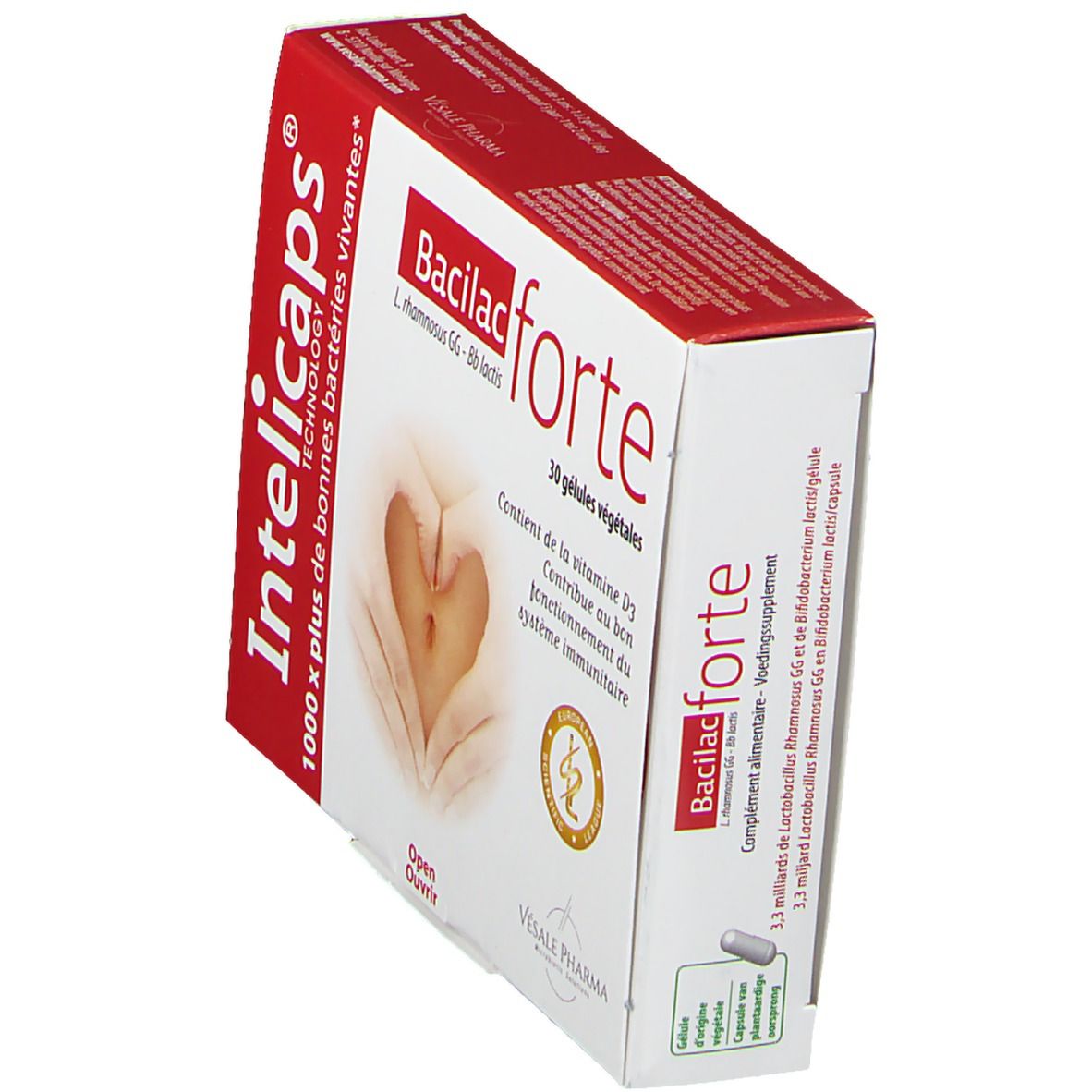 Boîte Intelicaps Bacilac forte en perspective. Boîte rouge et blanche avec nom et logo du produit. 30 gélules.