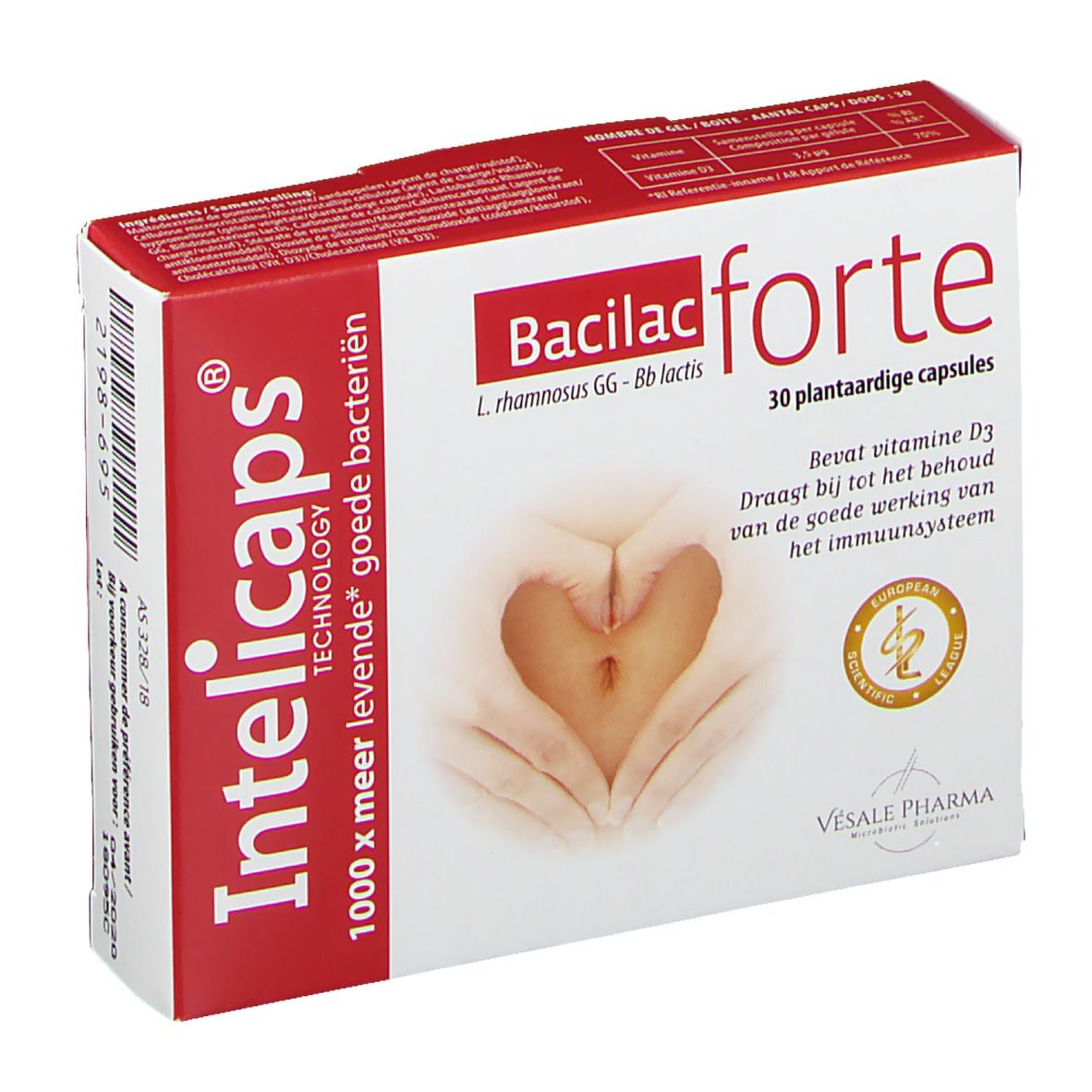 Boîte Intelicaps Bacilac forte. Boîte rouge et blanche avec nom et logo du produit. Contient 30 gélules végétales.