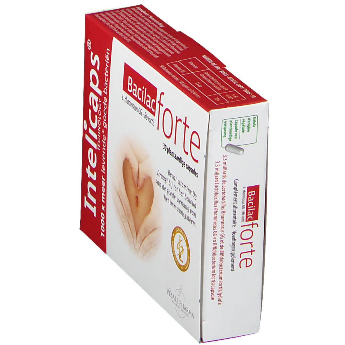 Boîte Intelicaps Bacilac forte en perspective. Boîte rouge et blanche avec nom et logo du produit. 30 gélules.