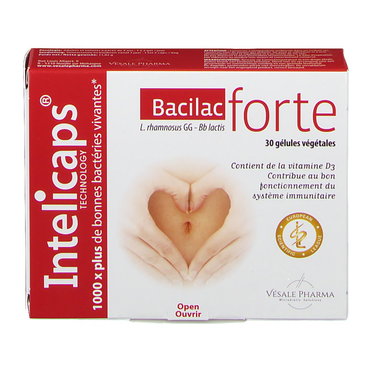 Boîte Intelicaps Bacilac forte. Boîte rouge et blanche avec nom et logo du produit. Contient 30 gélules végétales.