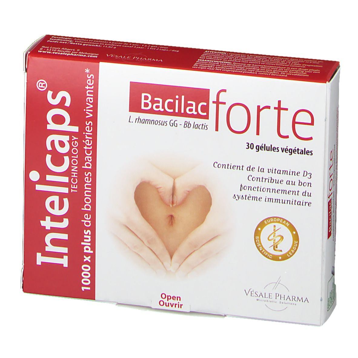 Boîte Intelicaps Bacilac forte. Boîte rouge et blanche avec nom et logo du produit. Contient 30 gélules végétales.