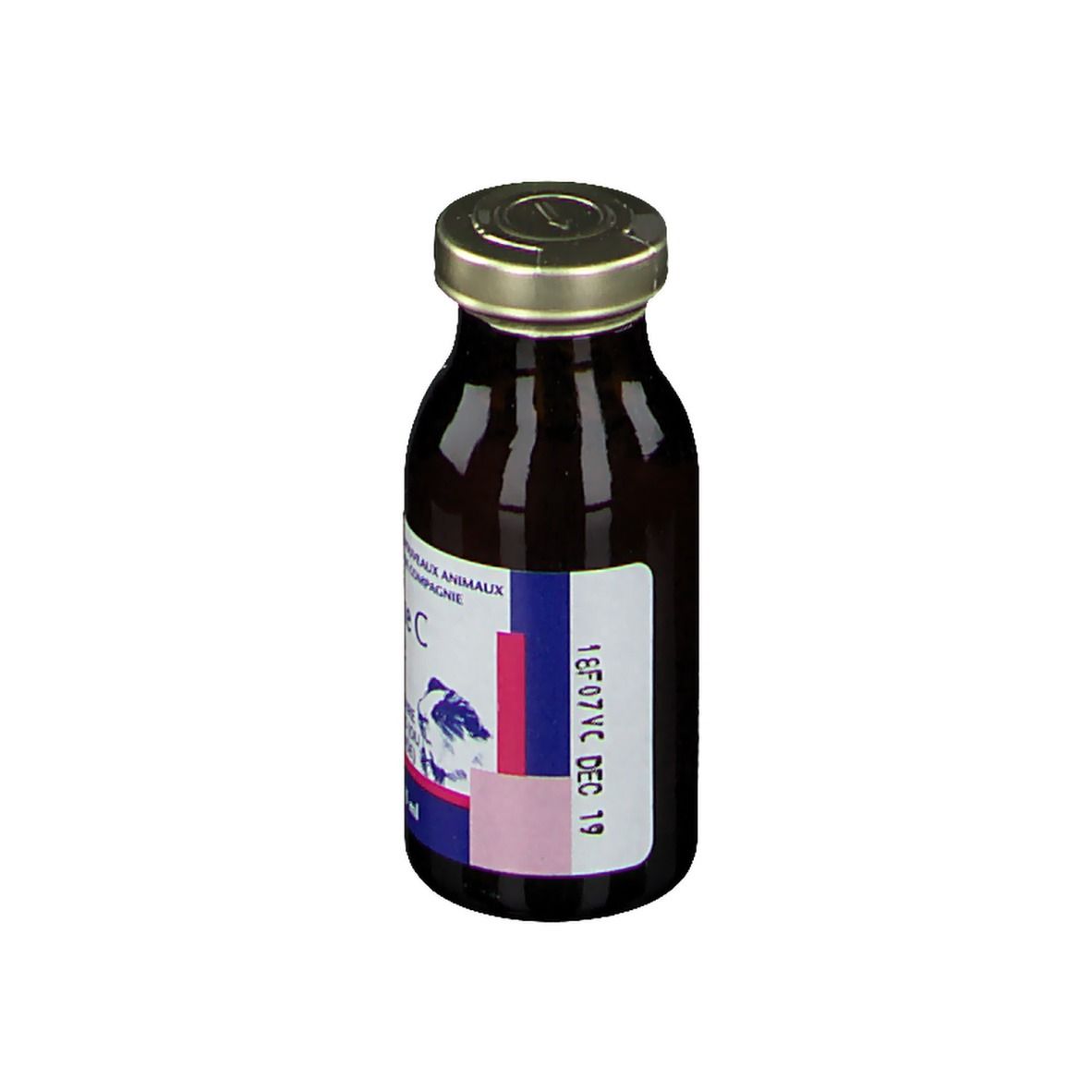 Flacon en verre brun avec bouchon doré. Étiquette avec informations produit et numéro de lot.