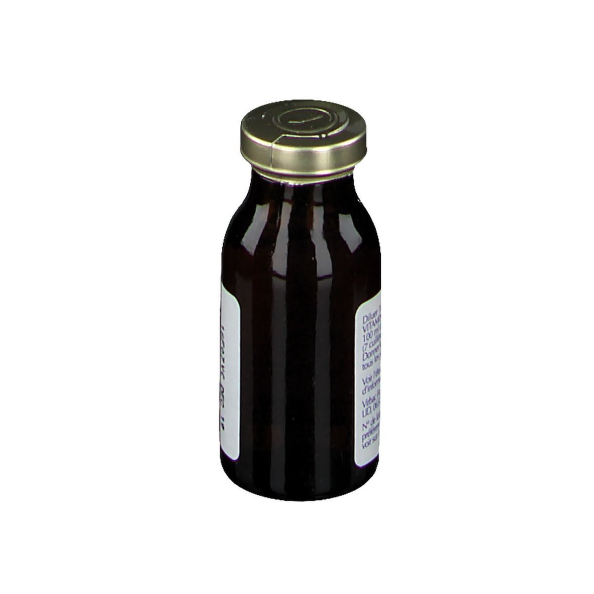 Flacon en verre brun avec bouchon doré. Étiquette avec informations sur le produit.