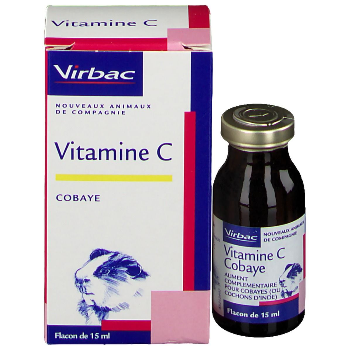 Flacon du produit à côté de l'emballage. Emballage avec nom du produit, logo et image de cobaye.