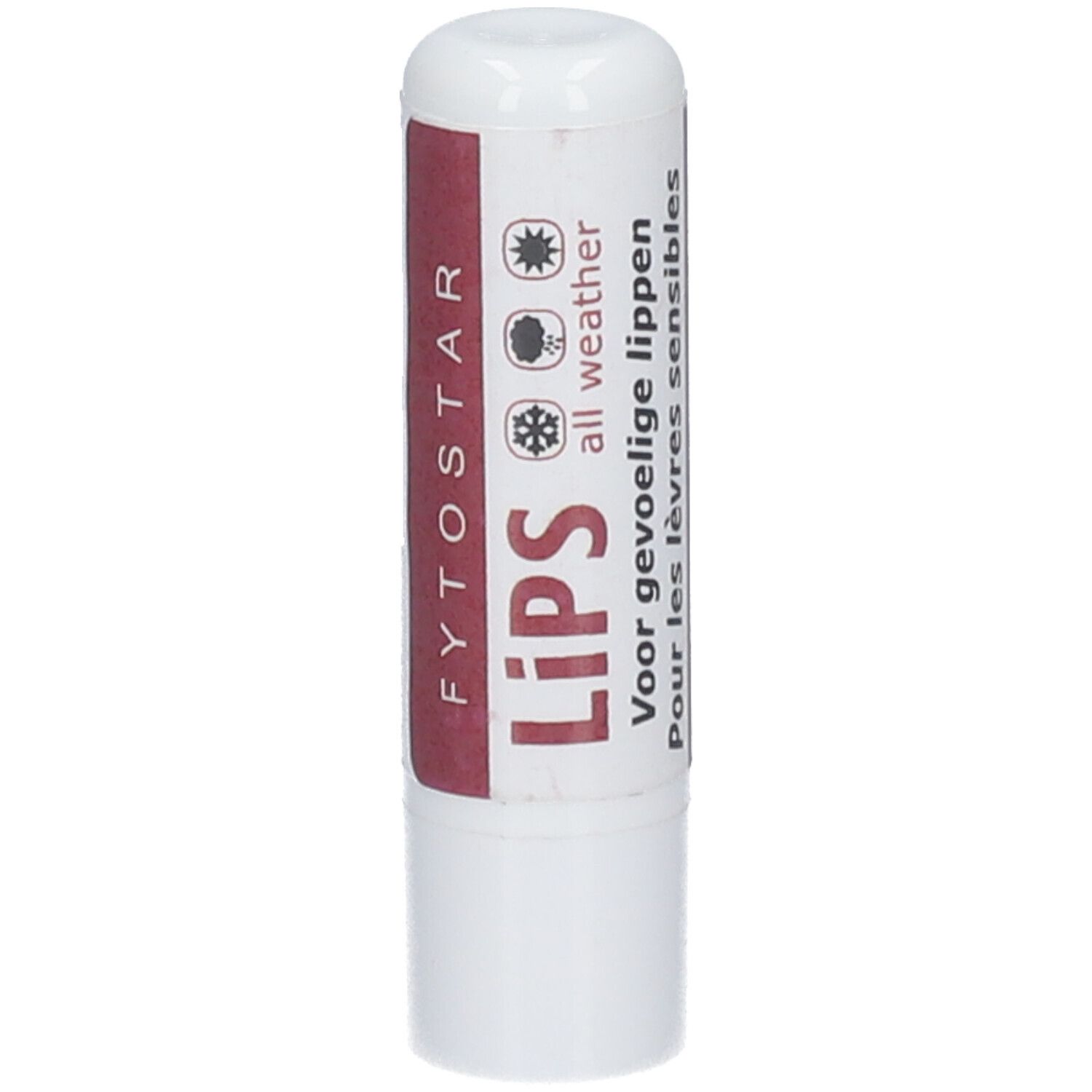 Stick à lèvres blanc avec bande rouge. Inscription : FYTOSTAR LIPS, symboles météo.