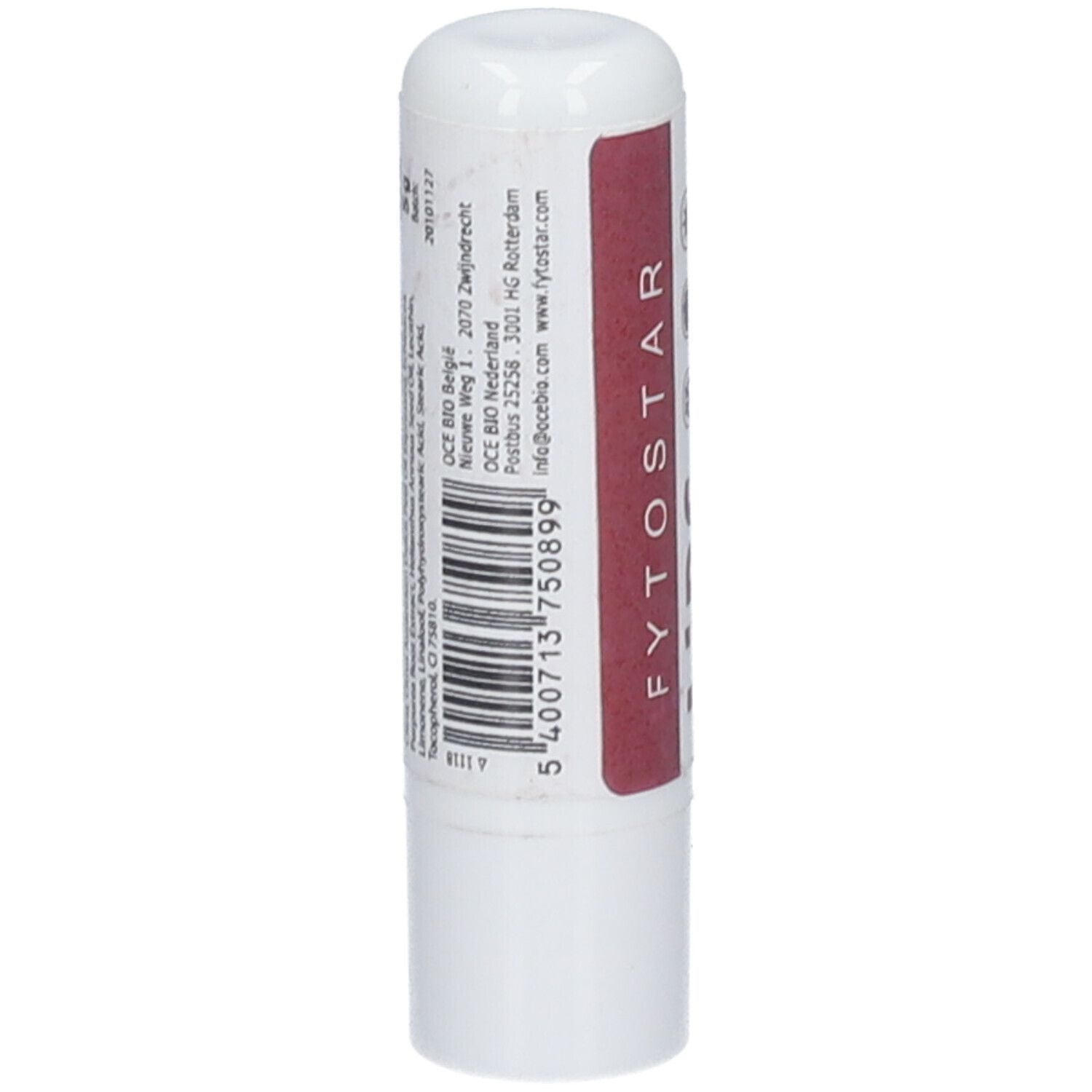 Stick à lèvres blanc avec bande rouge. Inscription : code-barres, coordonnées, FYTOSTAR.