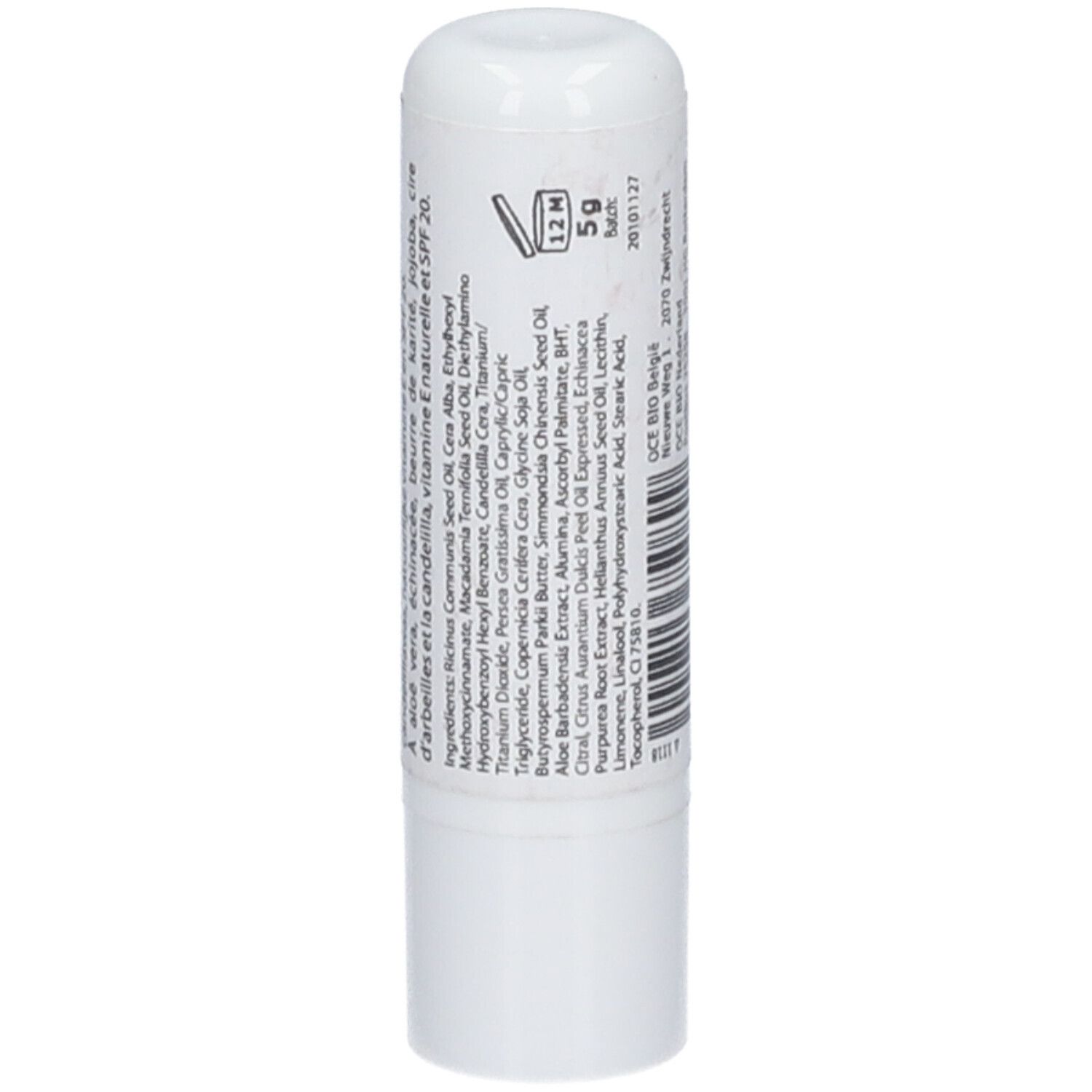 Stick à lèvres blanc. Inscription : ingrédients, durée de conservation, 5g, SPF 20.