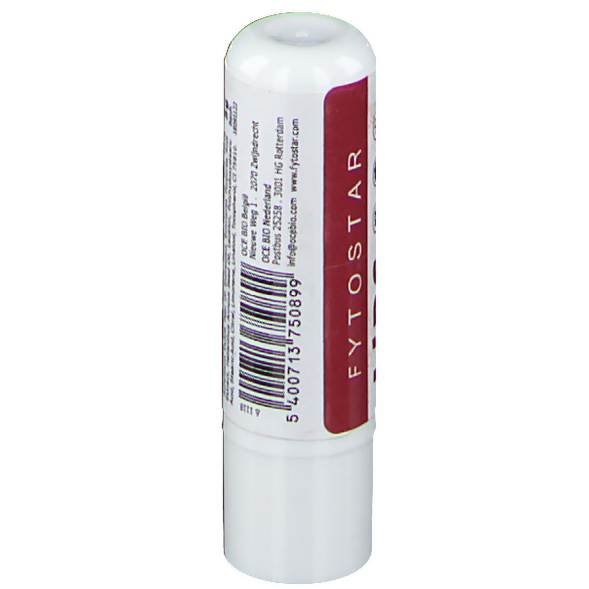 Stick à lèvres blanc avec bande rouge. Inscription : ingrédients, comme aloe vera, vitamine E, SPF 20.