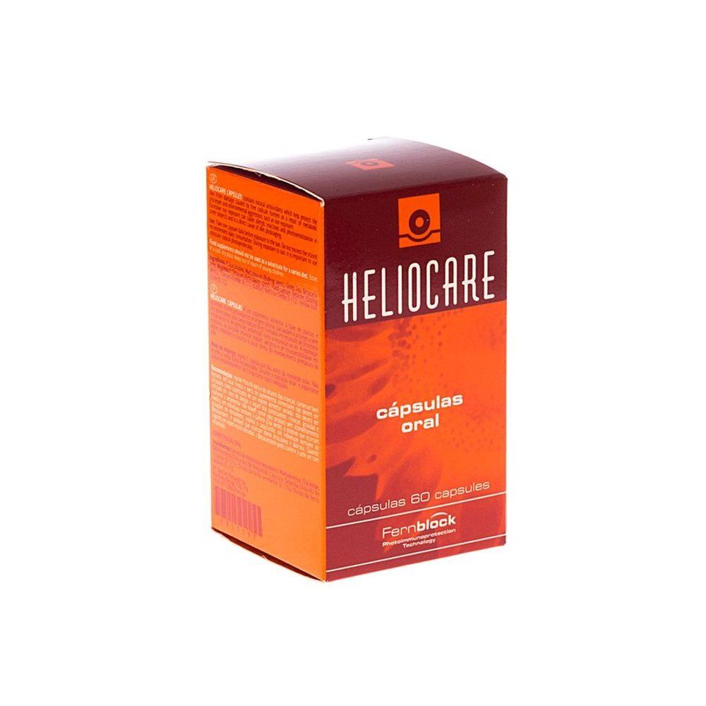 Flacon transparent, bouchon blanc. Contient des gélules brunes. Étiquette avec ingrédients et "HELIOCARE Oral Capsules".